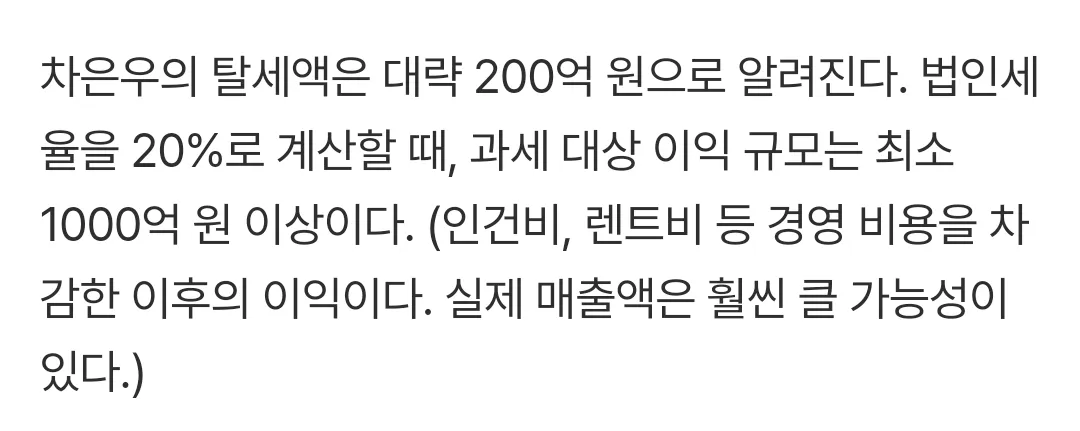 차은우 탈세액 200억으로