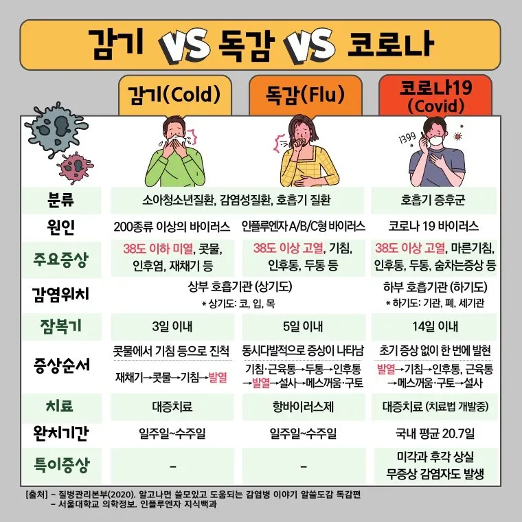 감기 vs 독감 vs 코로나