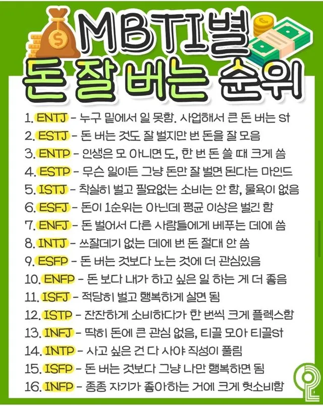 MBTI 별 돈 잘 버는 순위