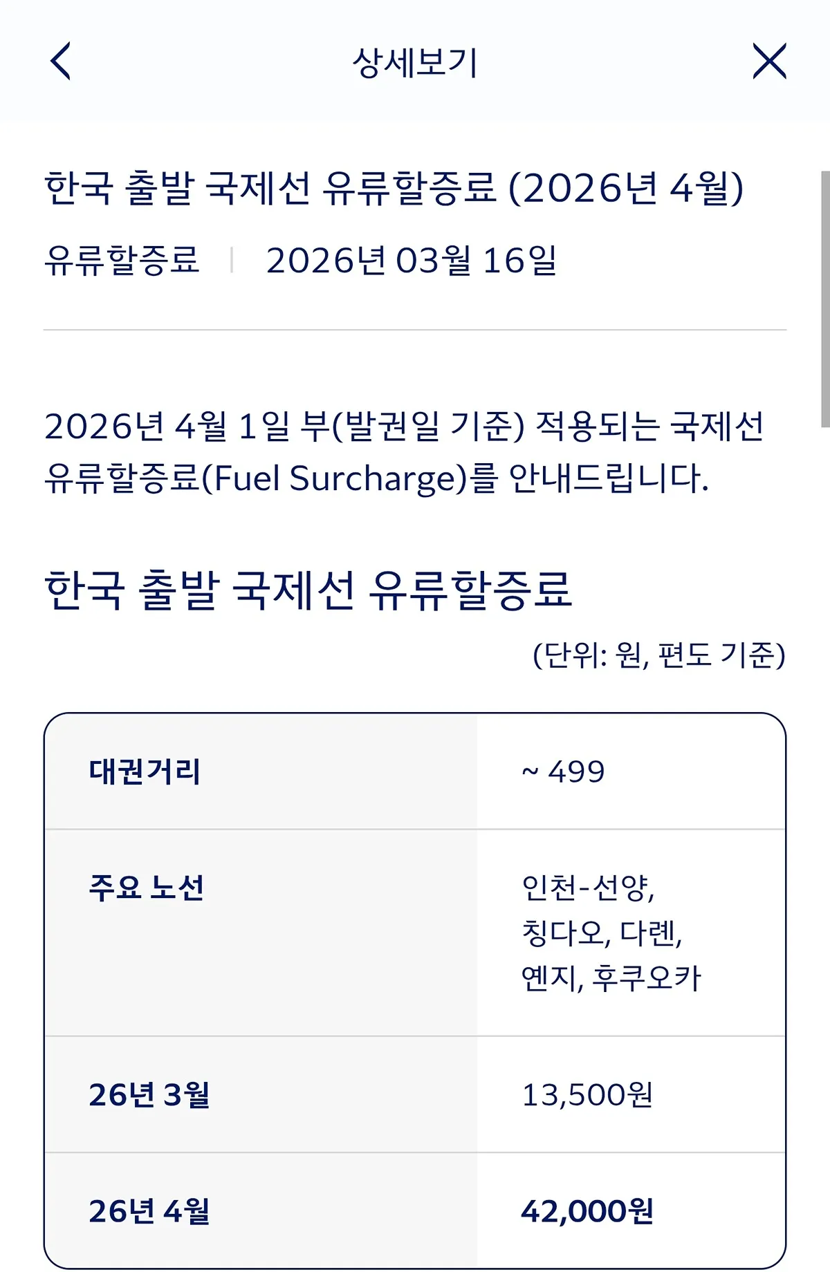 대한항공 4월 국제선 유류할증료 변경
