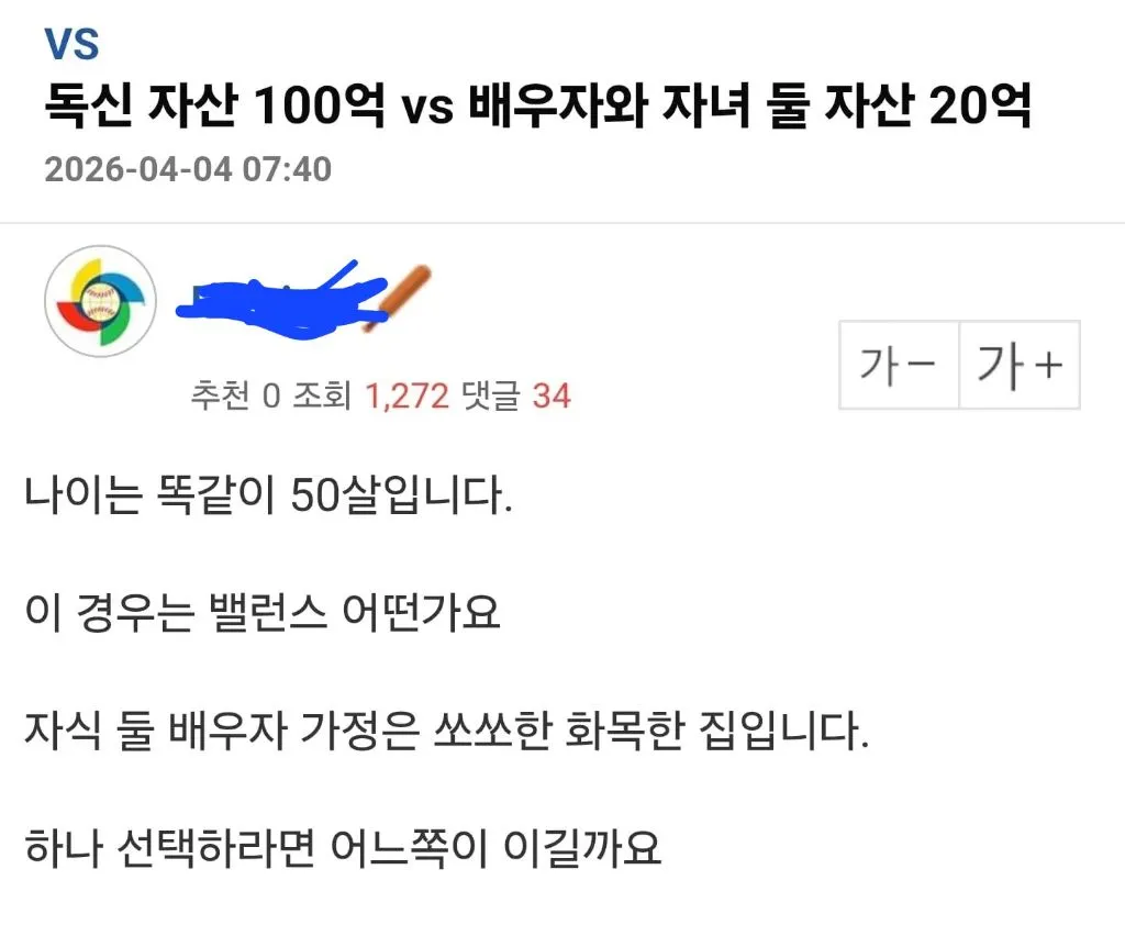 독신 100억 vs결혼 자녀둘 20억