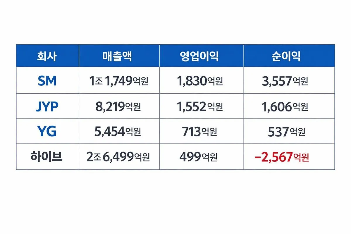 우리나라 4대 기획사 작년 순이익