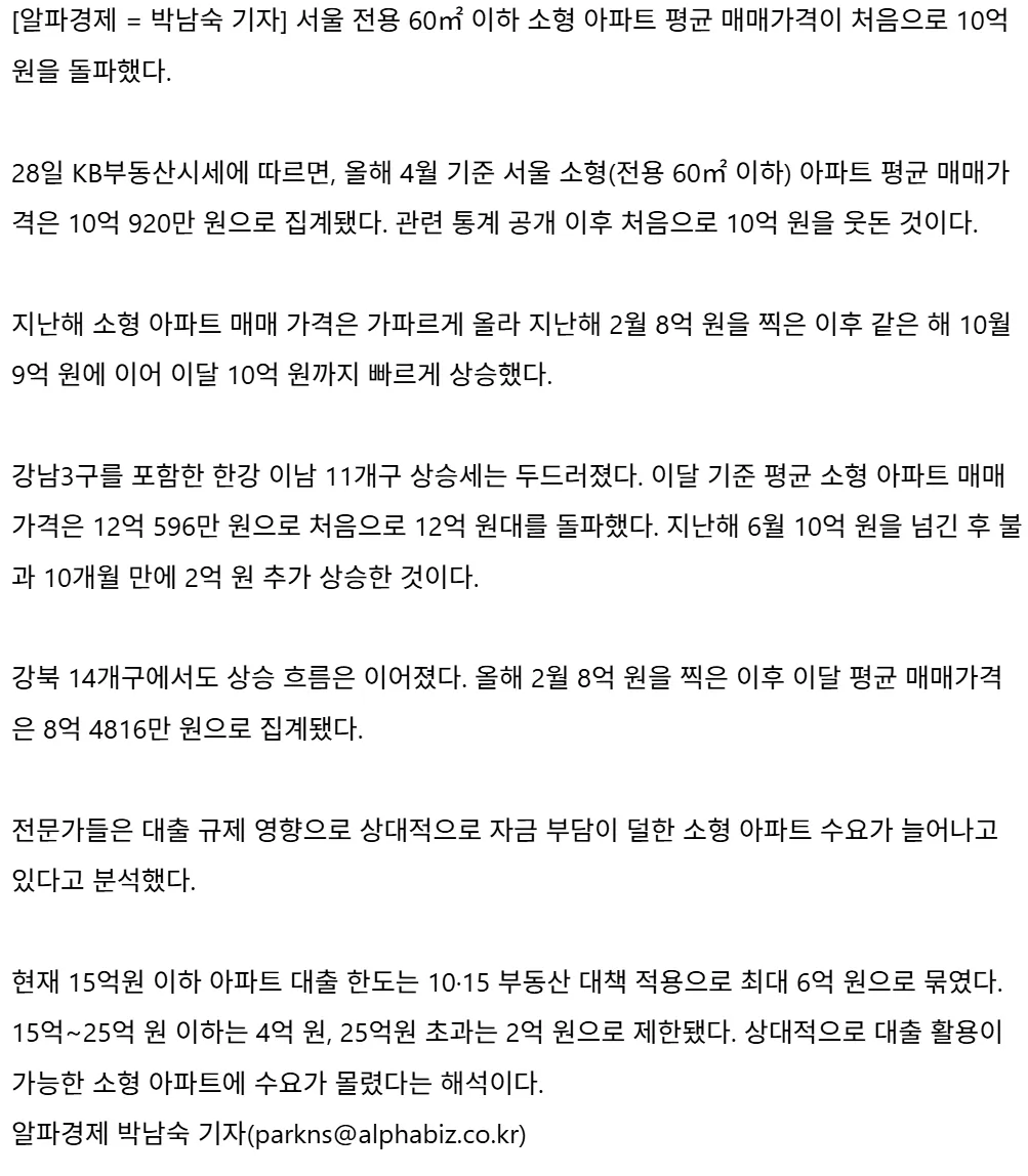 이젠 소형 아파트도 평균 10억 하네요..2