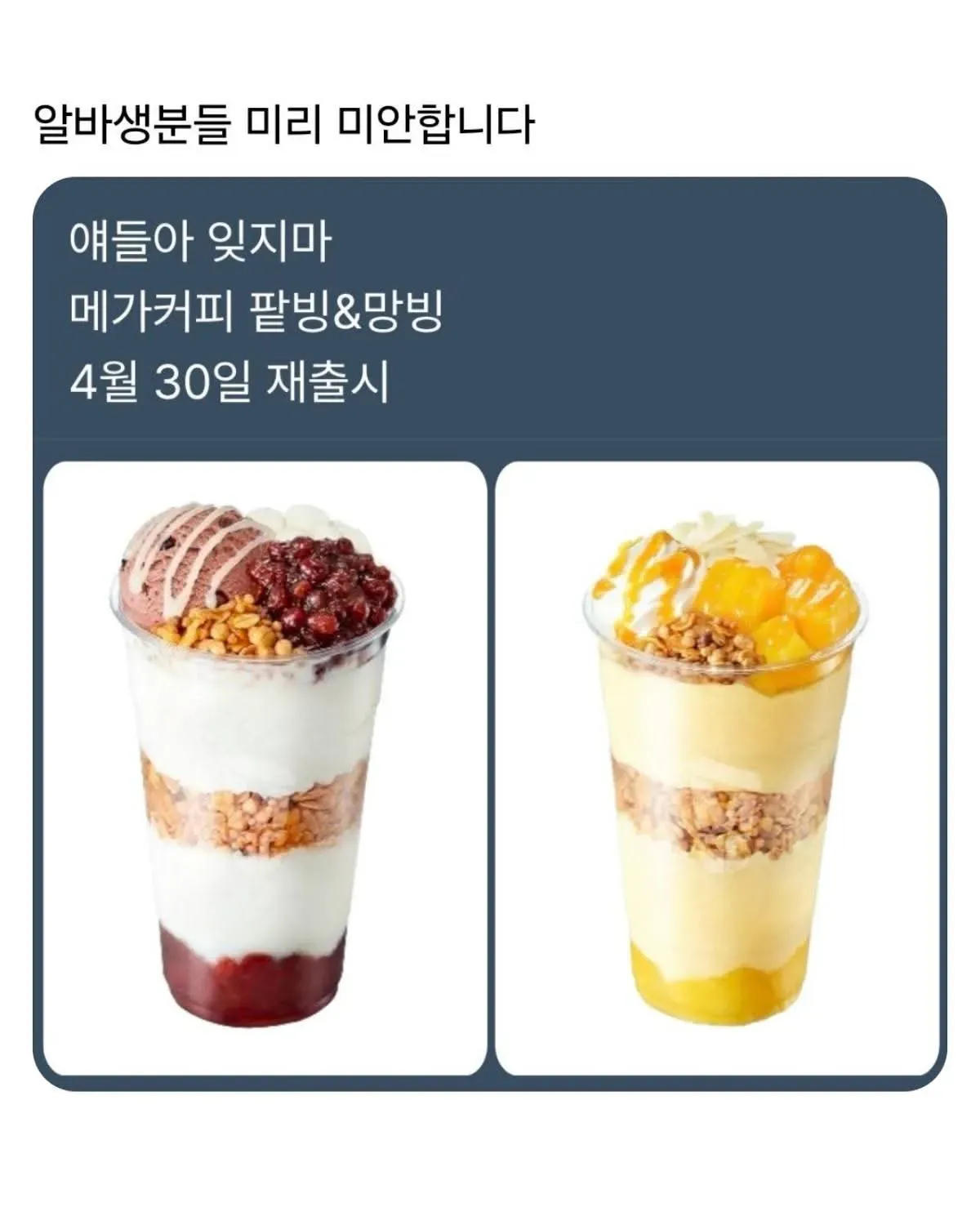 메가커피 팥빙 망빙 제출시됬네요