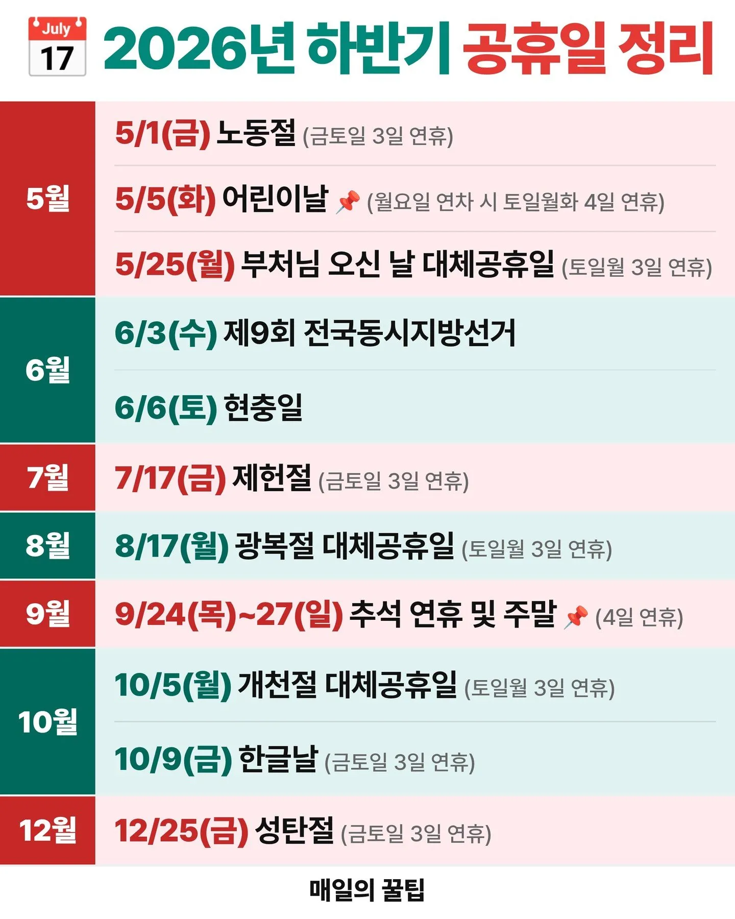 2026년 공휴일 정리