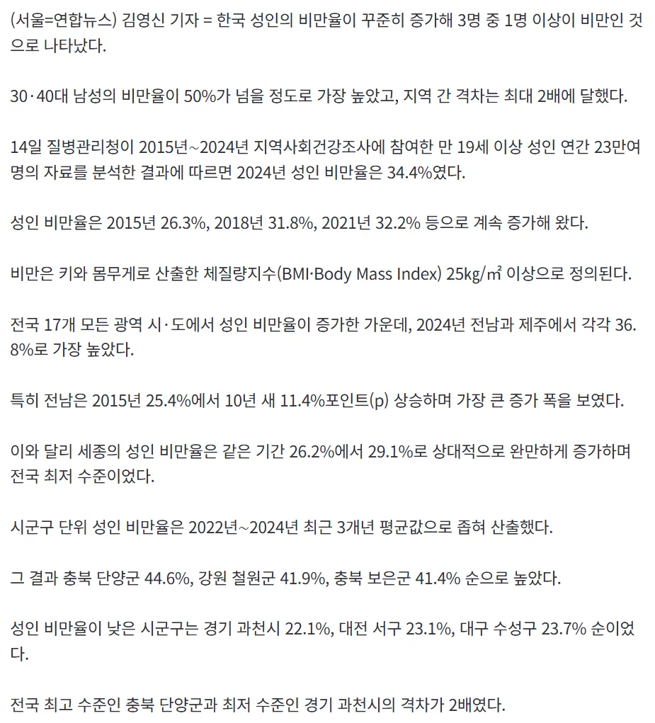 한남들 3-40대는 50퍼 이상이 비만이라던데2