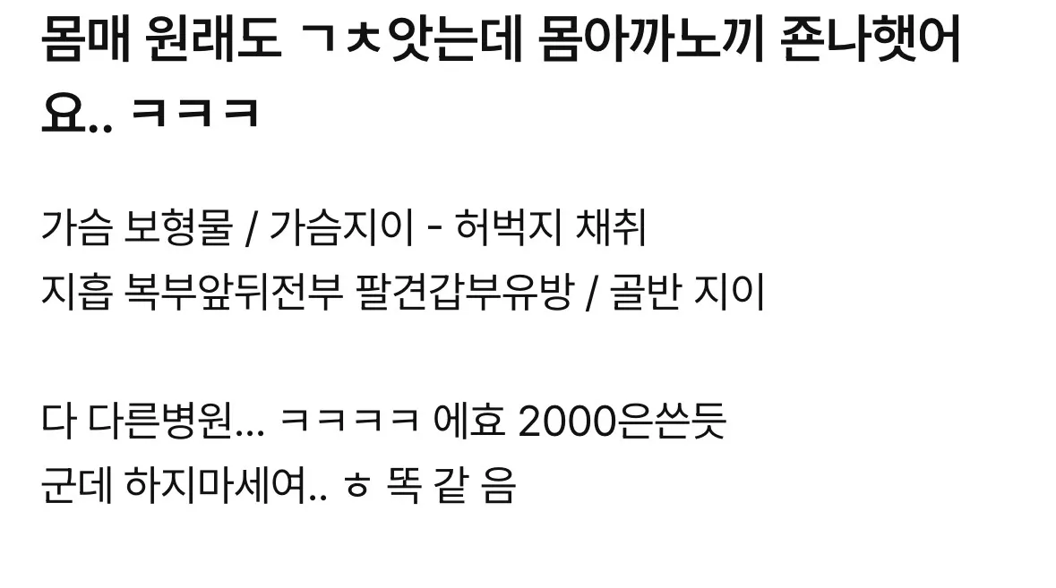 밑 몸 성형 쓴 사람인데 고민하는분들 후기 더 남갸볼게용