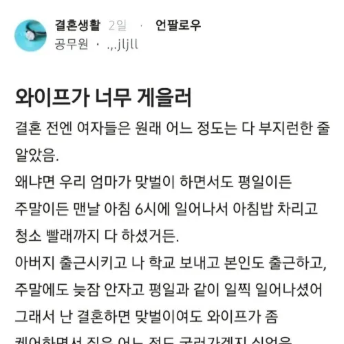 와이프가 너무 게을러