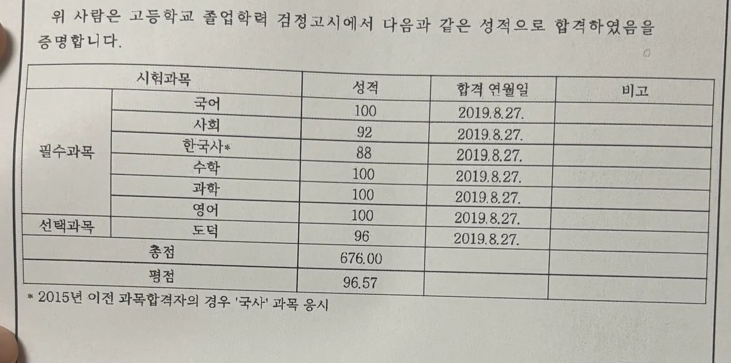 본인 검정고시 성적