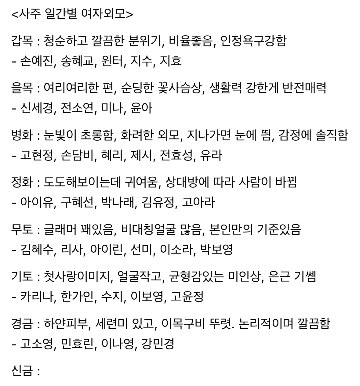 사주 일간별 외모특징이라는데